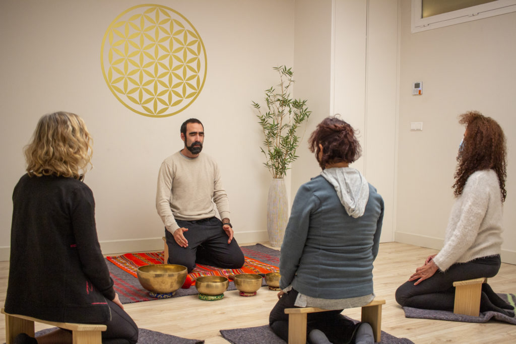 Se ve a un grupo de meditadores en meditación con la flor de la vida de fondo.